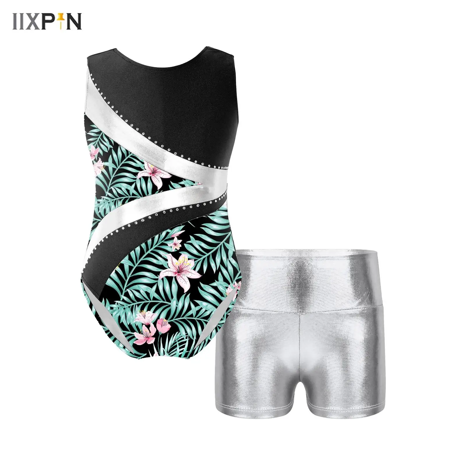 

Kids Girls Printed Gymnastics Outfit Sleeveless Patchwork Metallic Striped Shiny Rhinestone Leotard+Shorts Ballet Dancewear