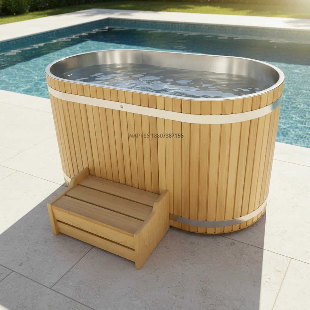 Modern Cold Plunge Bathtubs Stainless Steel Oval Wooden Barrel Spa Quality Wooden Ice Bath Tub