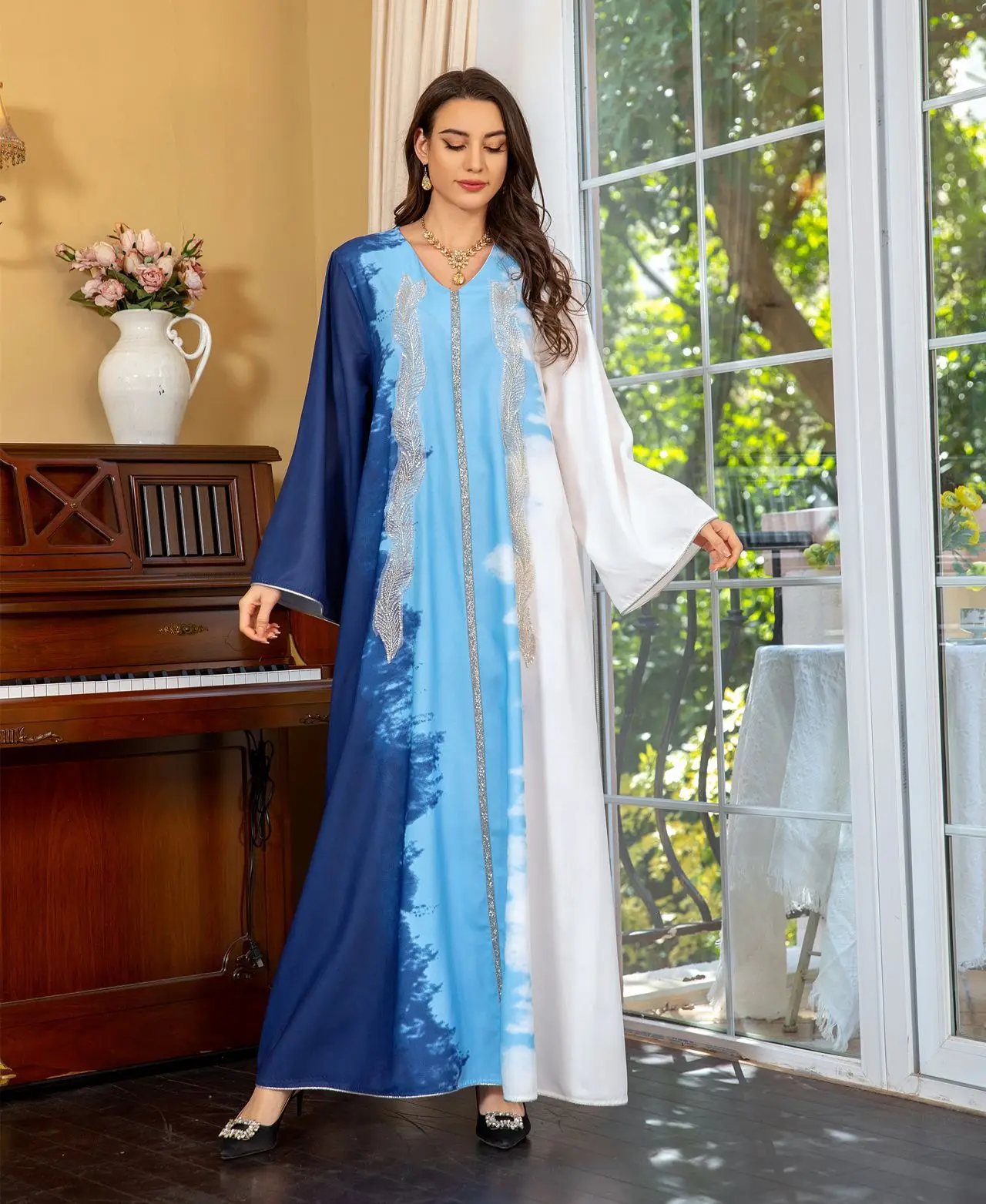 Muslim Dress Women 2025 Middle Eastern Clothing Nail Bead Embroidered Long Dress Dubai Saudi Tie Dye Rhinestone New Long Robe