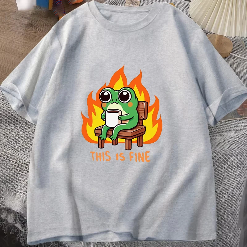 Hot This Is Fine Letter Print Short Sleeve Unisex T Shirts Casual Shirts Frogs Drinking Coffee Pattern Men's Women's T-shirts