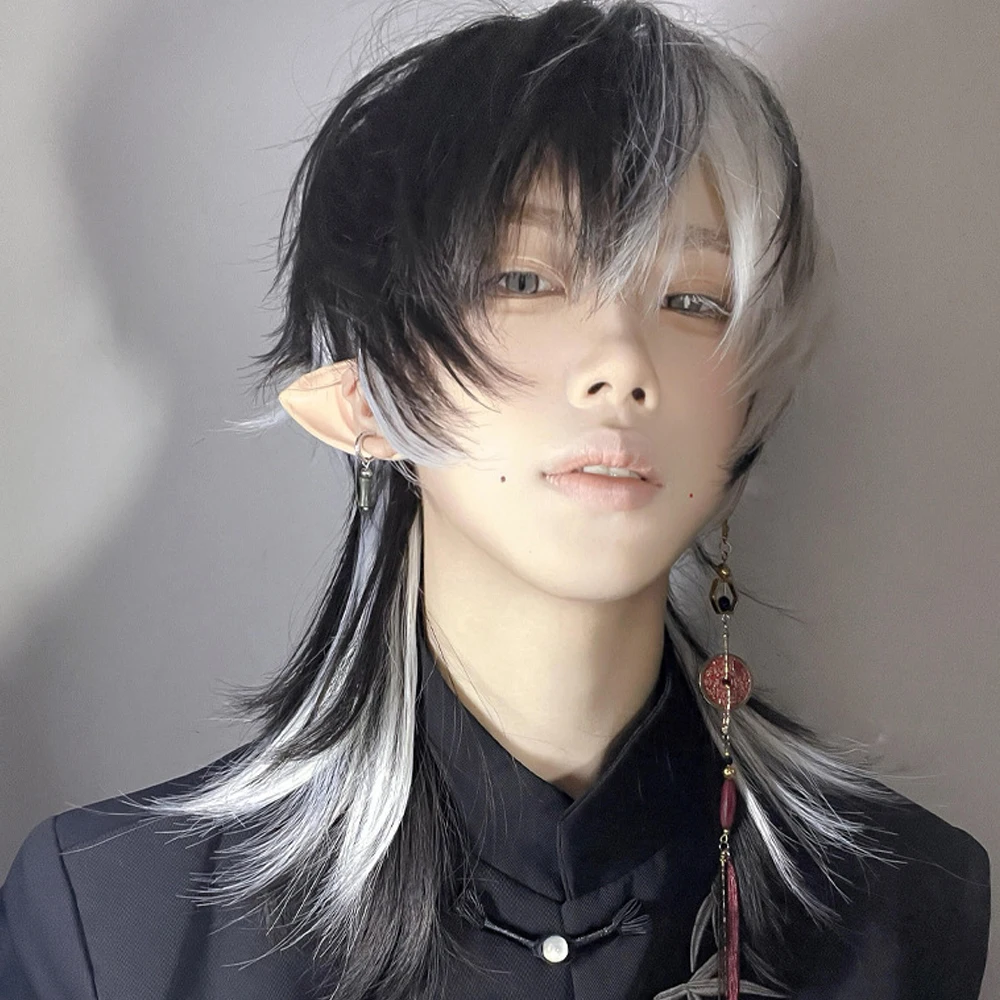 

Synthetic Straight Mullet Head Short Black White Layered Wig Lolita Cosplay Wolf Tailed Fluffy Wig for Daily Party