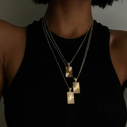 Waterproof Stainless Steel Square Heart Circle Pendant Necklace Ribbed Butterfly Long Cuba Chain Choker Punk Simple Neck Jewelry