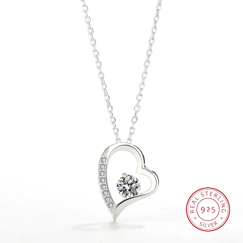 Temperament Classic Authentic S925 Silver Crooked Edge Heart-shaped Hollow Zircon Pendant Necklace for Women