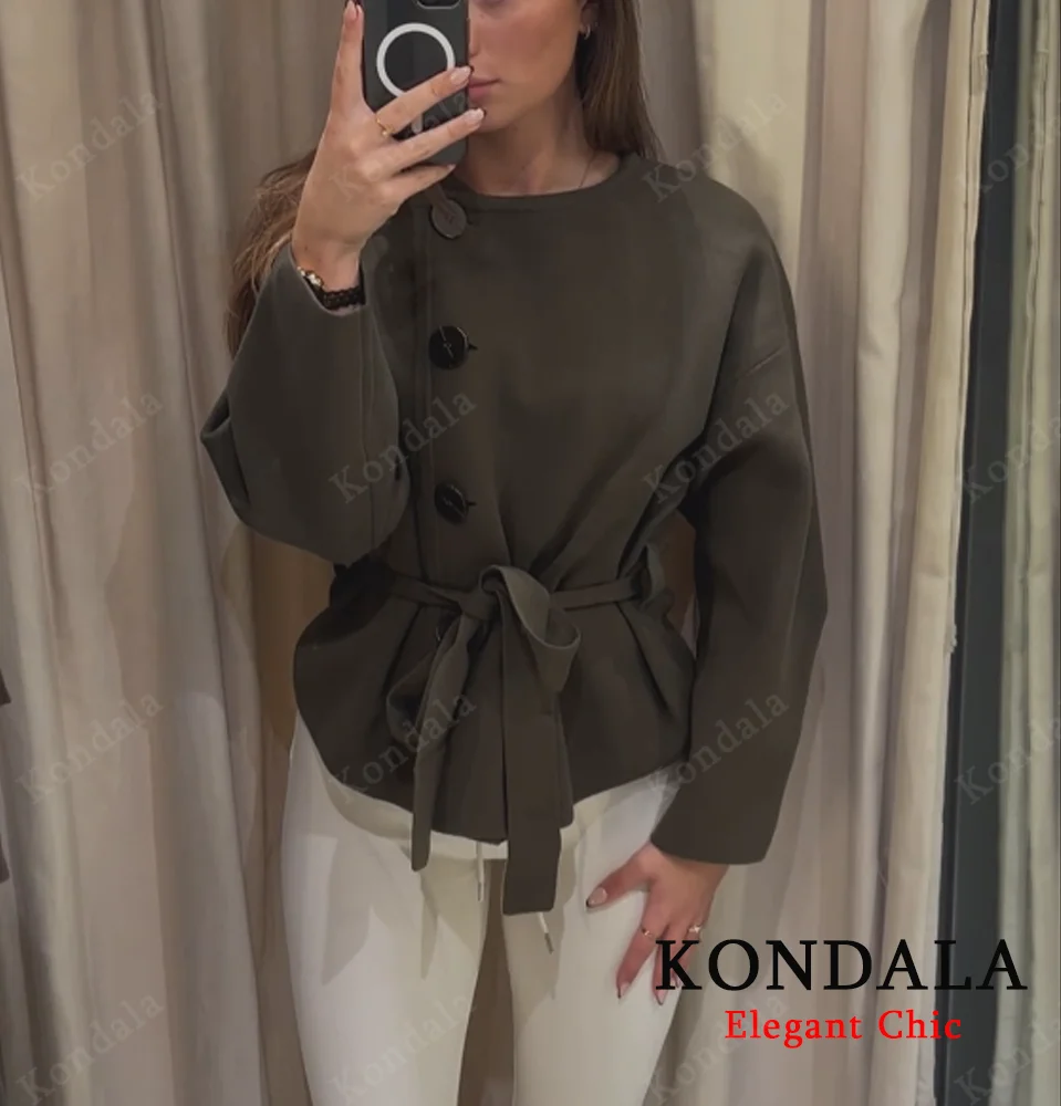 

KONDALA женский повседневный шикарный однотонный вязаный кардиган с поясом и пуговицами, короткая куртка, пальто, новая мода, осень 2025 г., элегантный Mujer кардиган