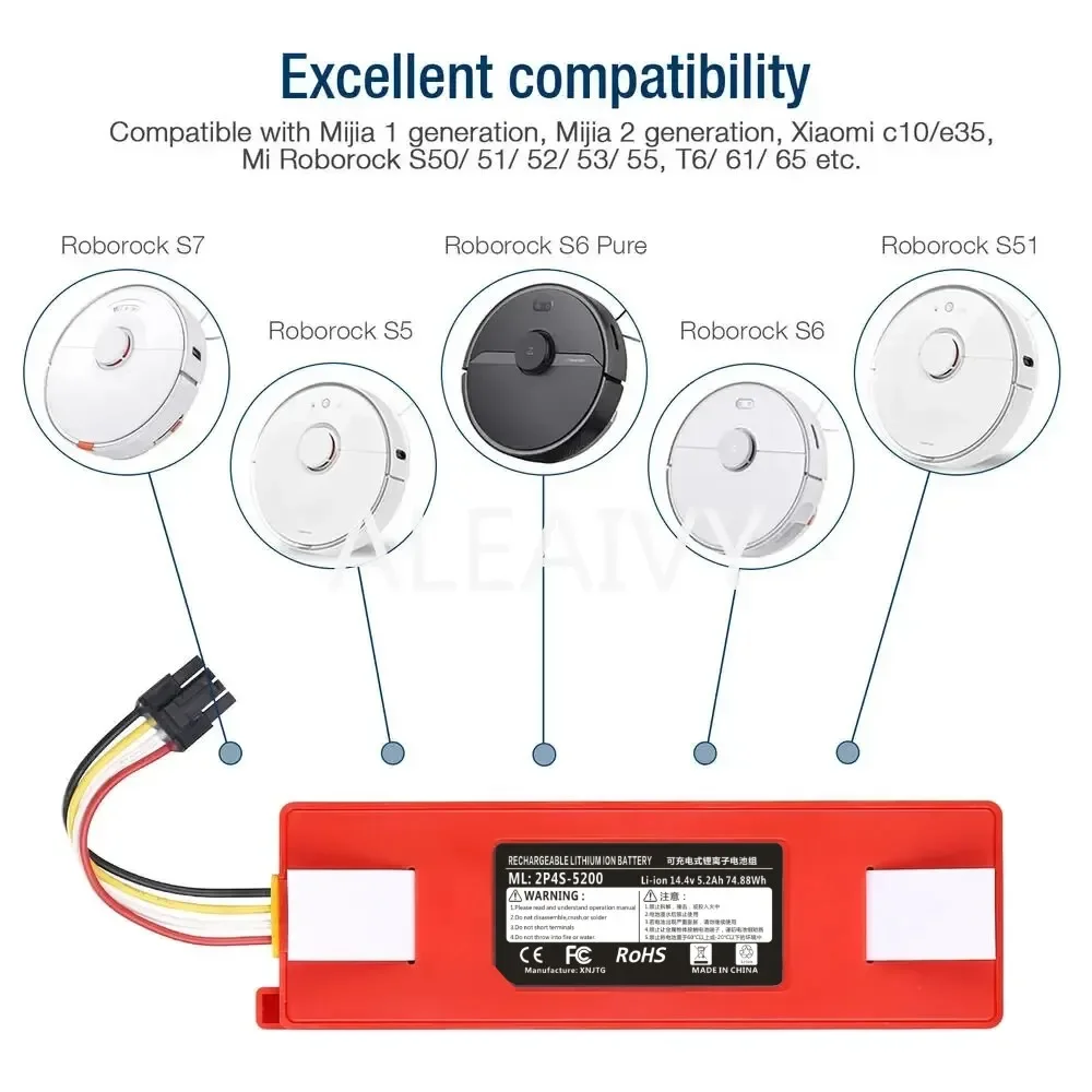 로봇 진공 청소기 배터리 교체용 리튬 이온 배터리, 정품 샤오미 로봇 Roborock S50 S51 S55 와 호환, 14.4V