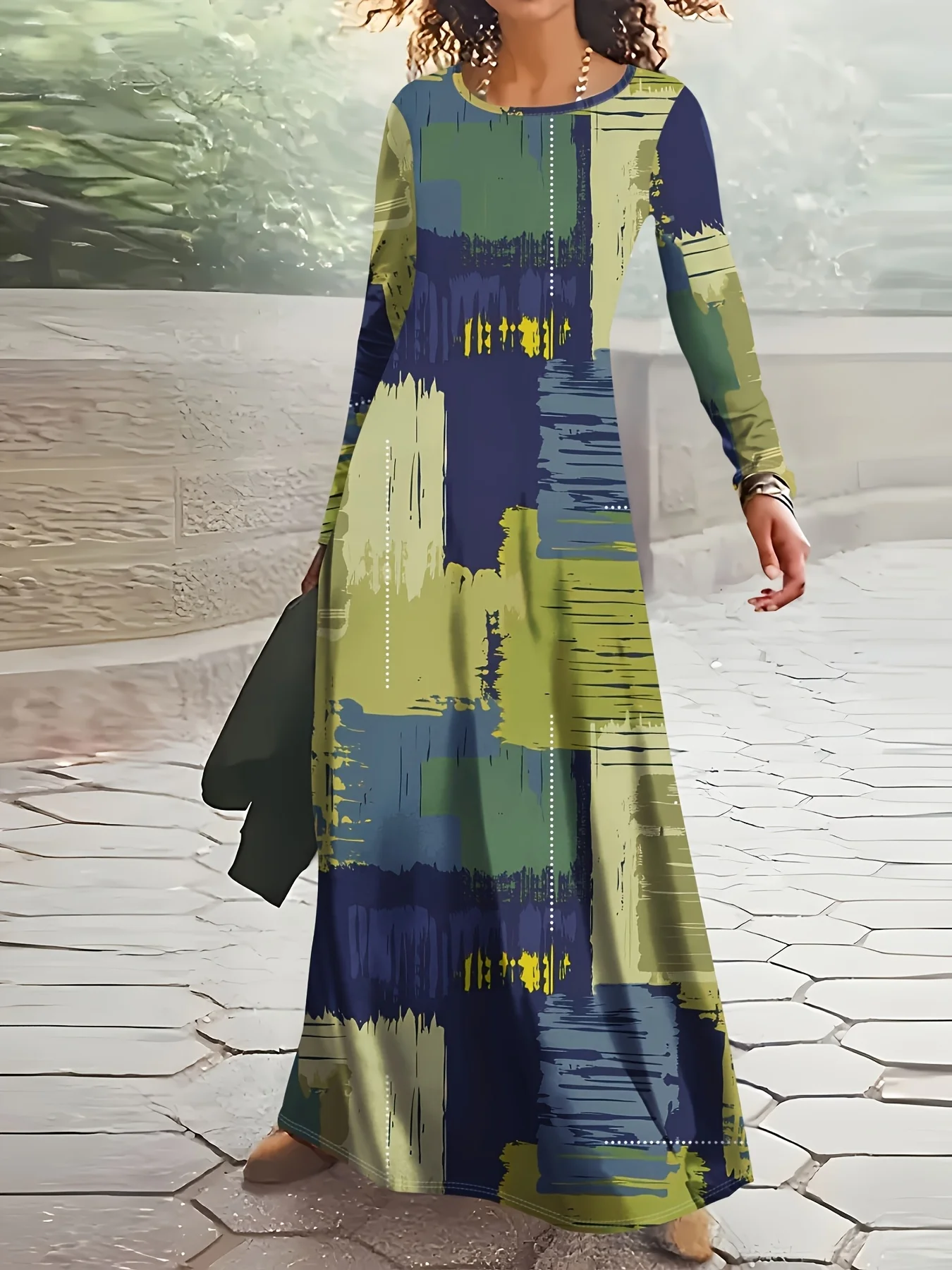 Printed design Casual Style Abstract Brushstroke Color Block Print Round Neck Long Sleeve Dress