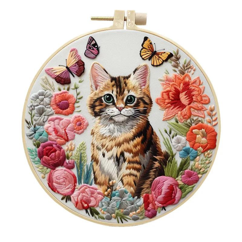 

3D Cat Flower Embroidery Kit with Stamped Cloth Thread Needle EN Instructions DIY Craft Present Cross Stitch Needle Craft Tool