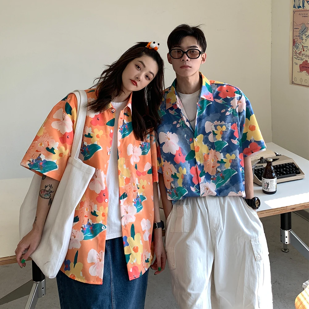 

Travel short-sleeved shirt men's summer loose couple coat trend ins Port style casual full print beach flower shirt