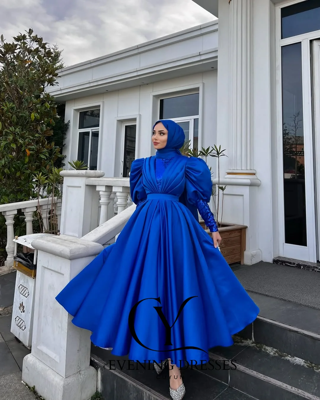CUYUN Королевские синие мусульманские платья для выпускного вечера по индивидуальному заказу, драпированное вечернее платье с высоким воротником и длинными рукавами, Саудовское платье для торжественного случая