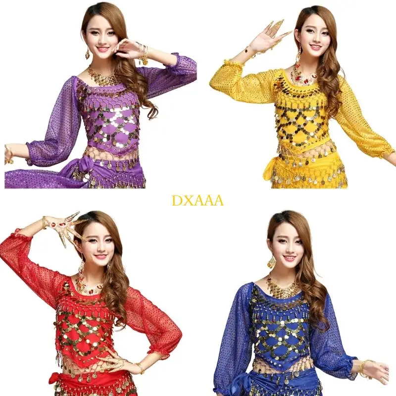 

DXAA Костюм для танца живота Топы для танца живота с монетами и укороченным топом с длинными рукавами и блестками Рубашка