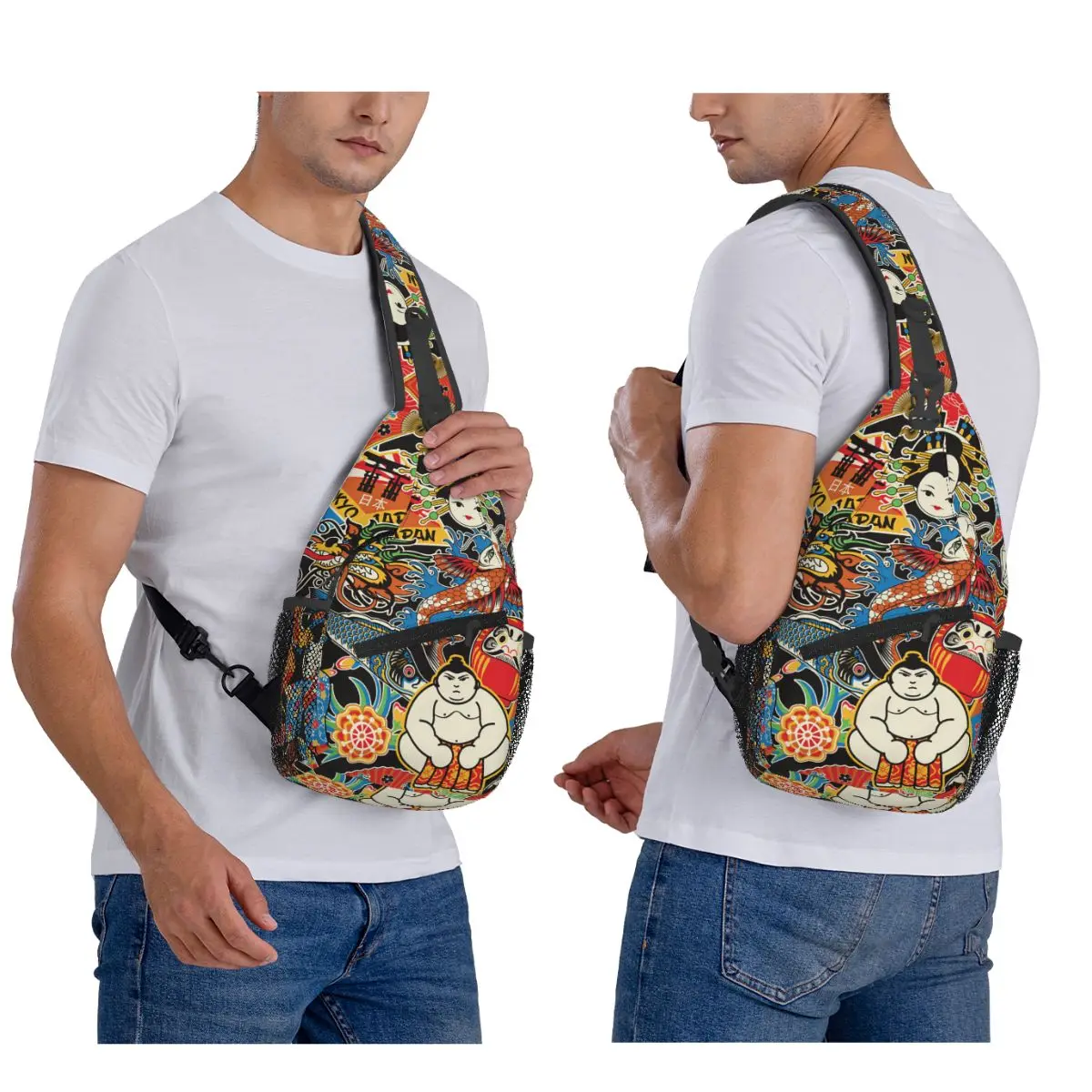 Japan Art Japanese Style Chest Bag Men Sling Crossbody Backpack Chest Bag Travel Hiking Daypack Shoulder Bag