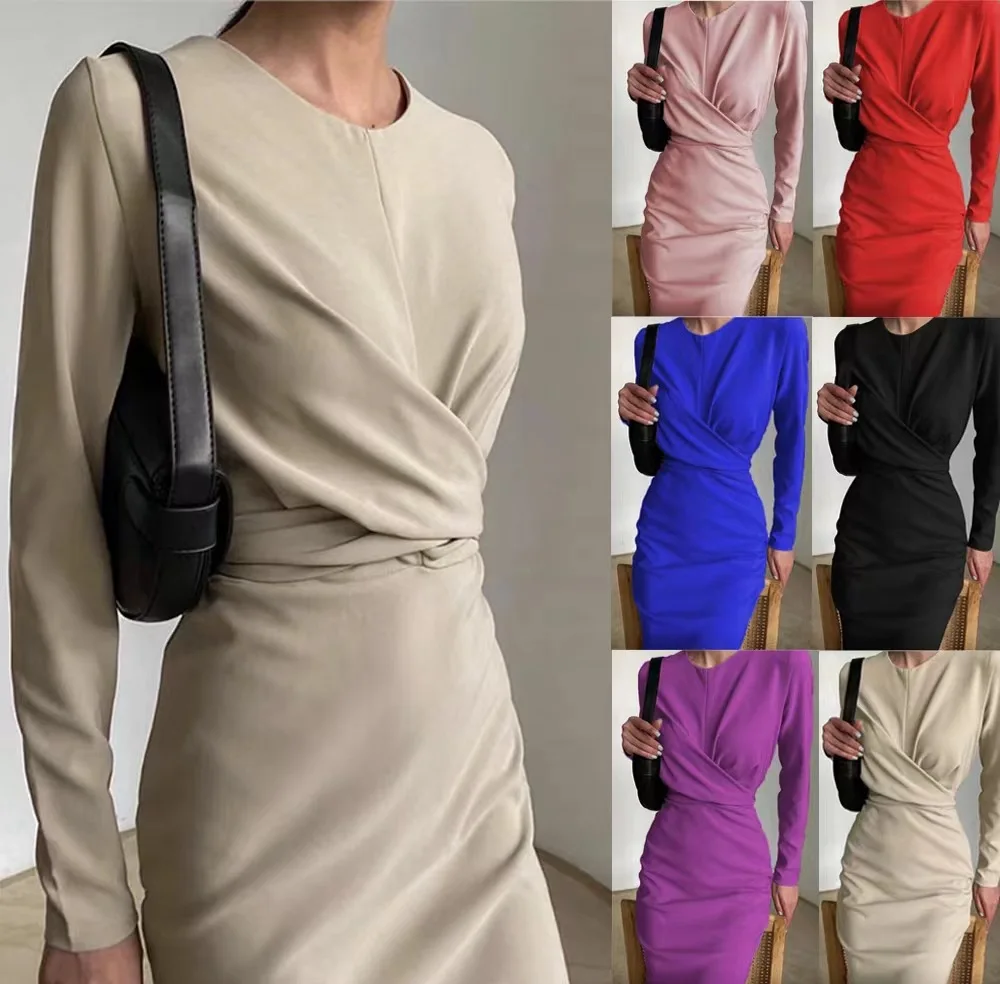 Temperament long-sleeved dress female autumn new French retro waist slim hip dress