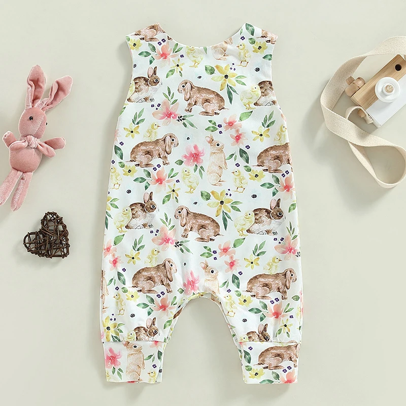 Toddler Girls Sleeveless Floral Rompers with Cute Bunny Print Casual Summer Jumpsuits for Baby Girls