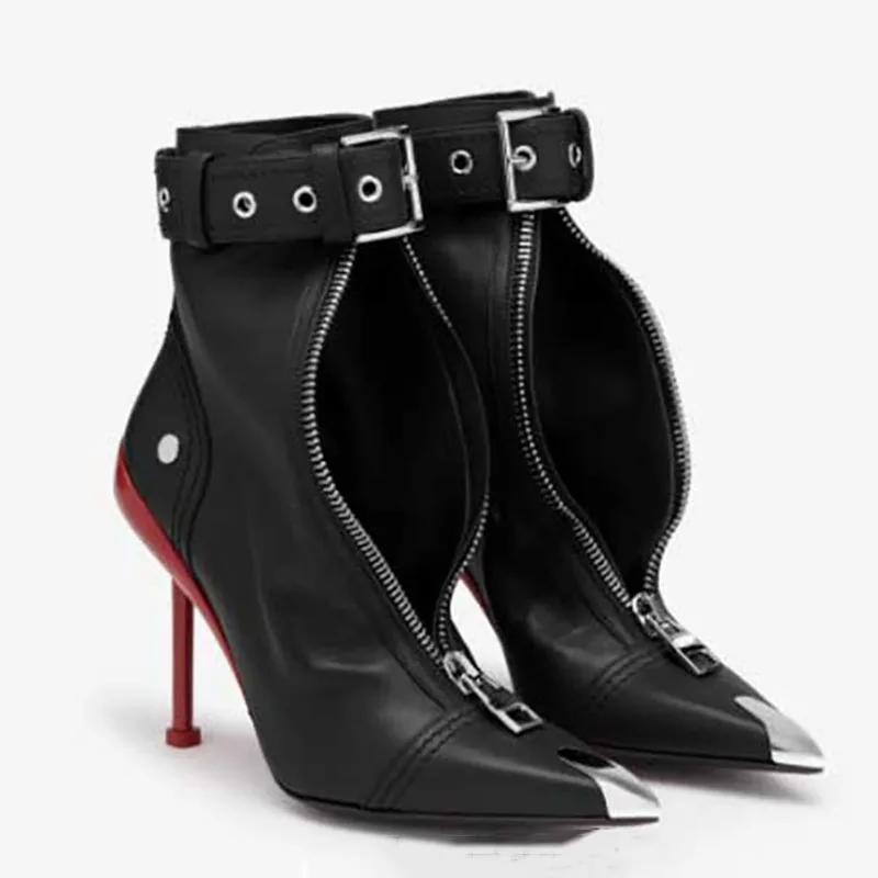 

Pointed Toe Side Zip Stiletto Ankle Boots Metal Zipper High Heel Lether Short Botas Rivet Belt Buckle Plus Size Women Botines