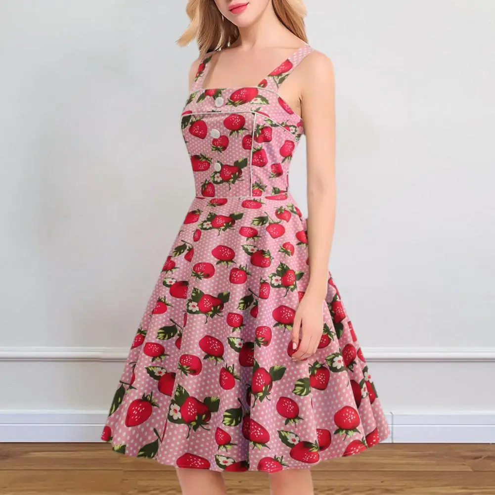 Women Strawberry Print Dress Vintage Strawberry Print A-line Prom Dress with Backless Design Square Neckline Women's Cocktail