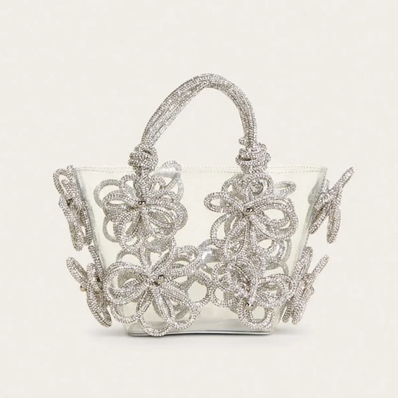 

Women Bag With Diamond Studded French Sparkling Rhinestone Flower Bucket Vegetable Basket Handbag