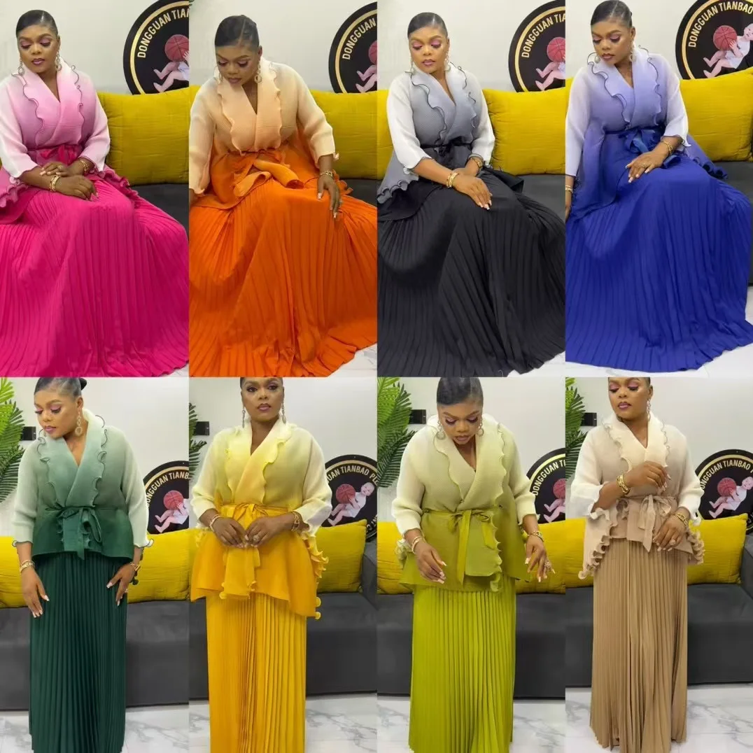 Miyake Fold Gradual Change Color Wavy Edge Suit Sun Pleated Skirt Fashionable and Elegant Two Piece Sets Womens Outifits