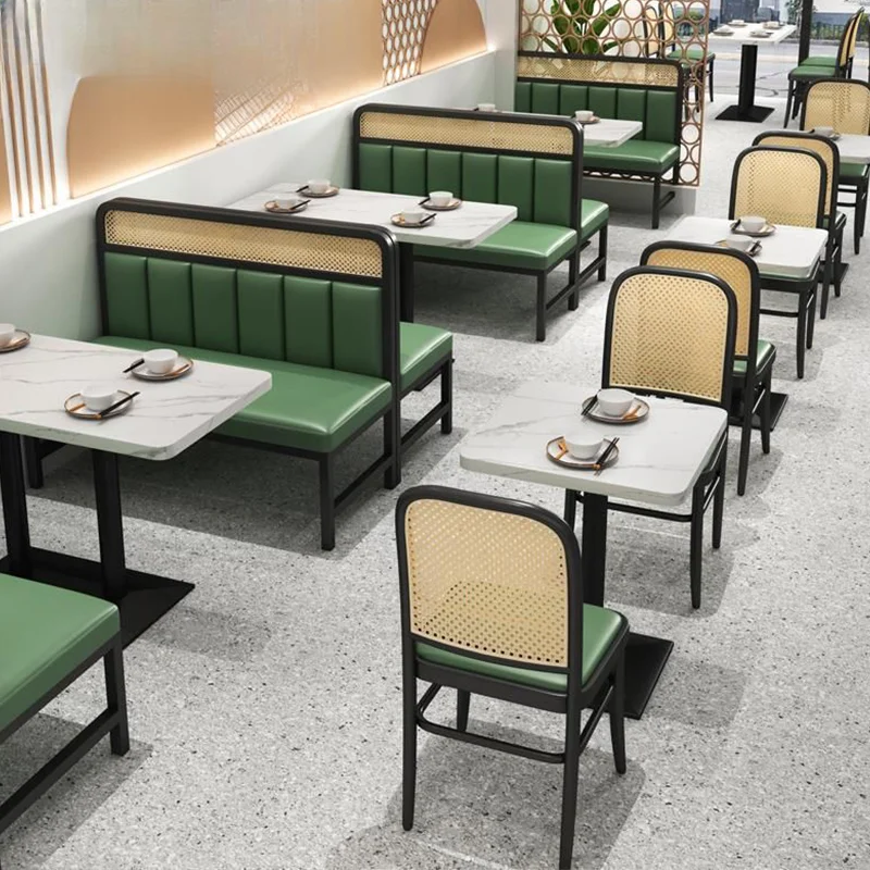 Modern Restaurant Table and Chair Set Fireproof Leather Board Surface Table with Woven Rattan Backrest for Cafe Wood Material