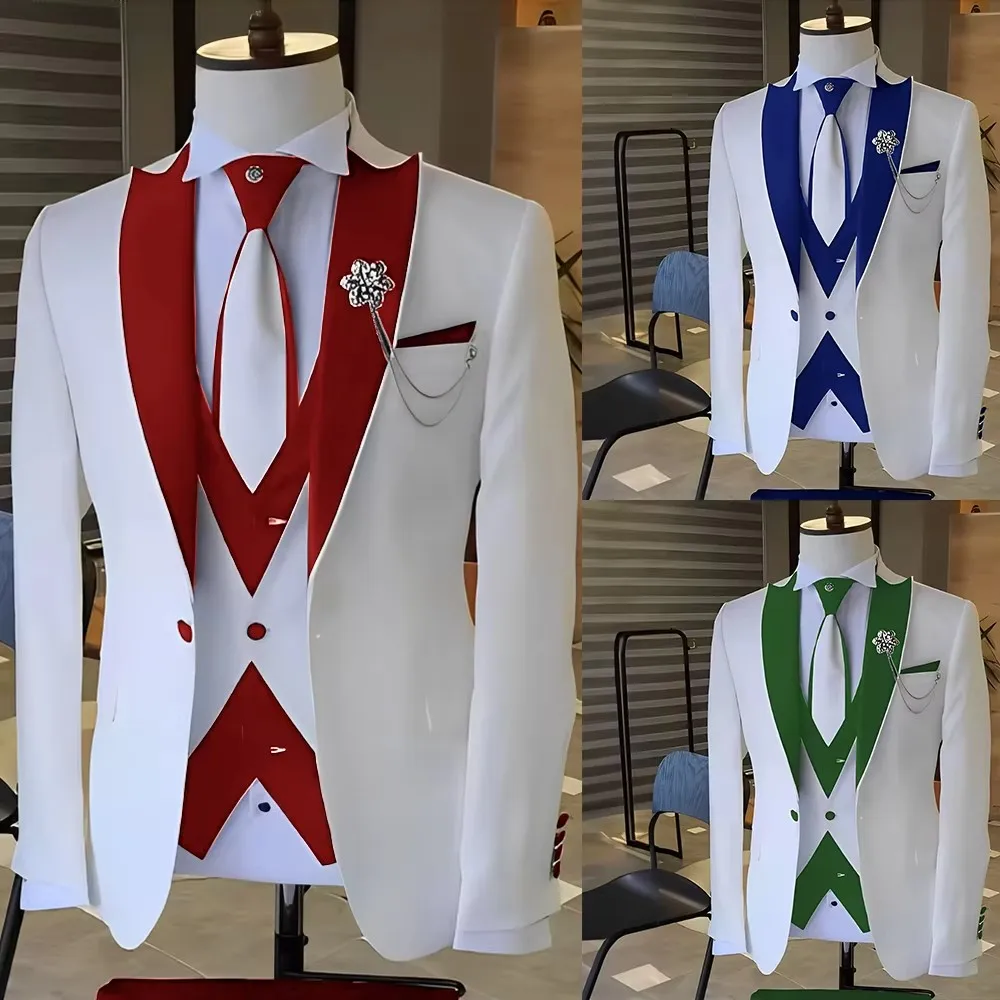Moda luksusowe szyte na miarę białe garnitury dla mężczyzn 3 częściowy zestaw Slim Fit formalny ślub drużba smoking dla pana młodego (kurtka + kamizelka + spodnie)