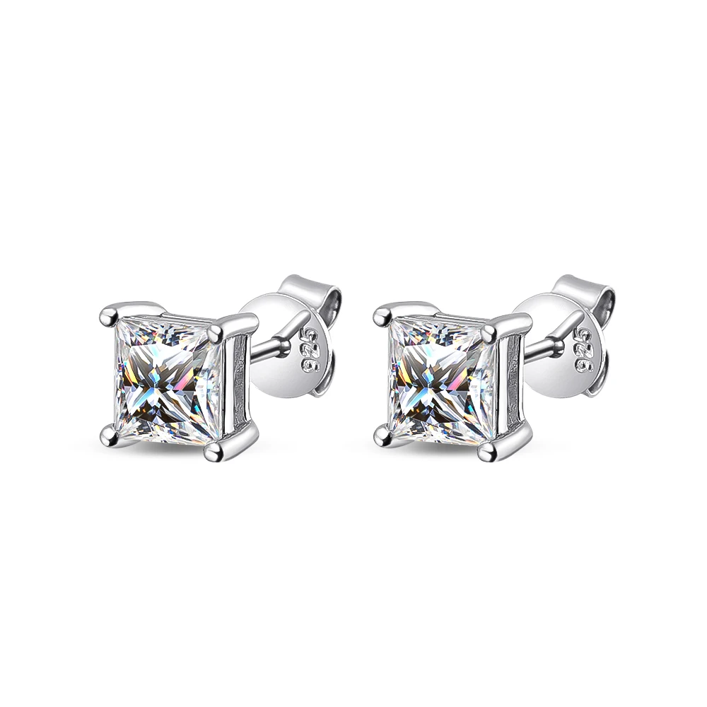 2‑Carat Princess‑Cut Square‑Shape Moissanite Stud Earrings for Women Men, Classic 925 Sterling‑Silver Fine Jewelry, Ideal Gift for Him Her 2