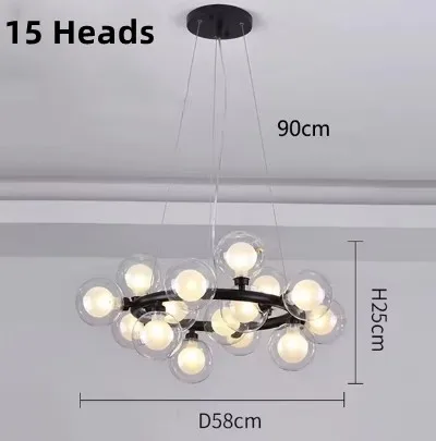 LED Bubble Chandelier Glass Ball Lighting Black Gold Pendant Lamp for Living Room Kitchen Restaurant Home Decor