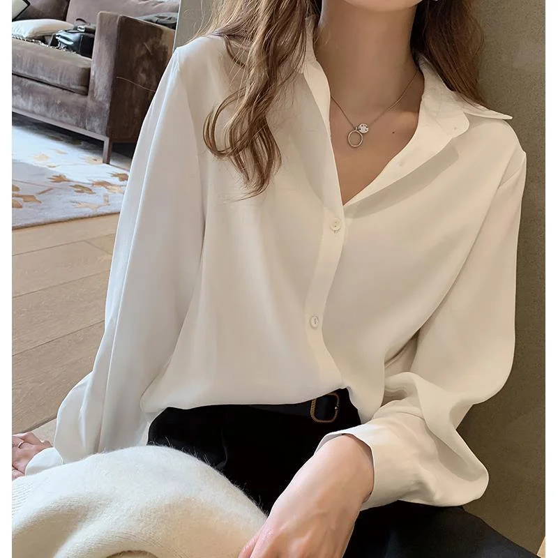 

Long Sleeve Shirts Women Satin Ruffled Slim Fit Button Down Turn Collar Retro French Feminine Elegant Preppy Youthful Daily