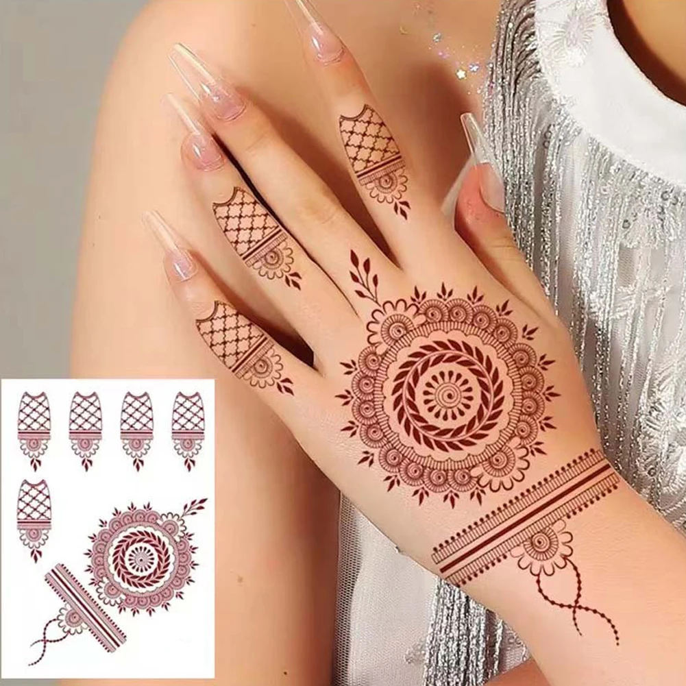 12 Sheets/Lot Waterproof Henna Tattoo Brown Henna Stickers for Hand Fake Tattoo Women Body Art Temporary Design Mehndi Stickers