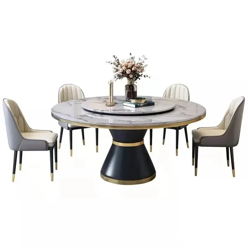 Round Dining Table Set 4 Chairs Marble Look Sintered Stone Top Titanium Gold Legs Modern Small Space Apartment Kitchen