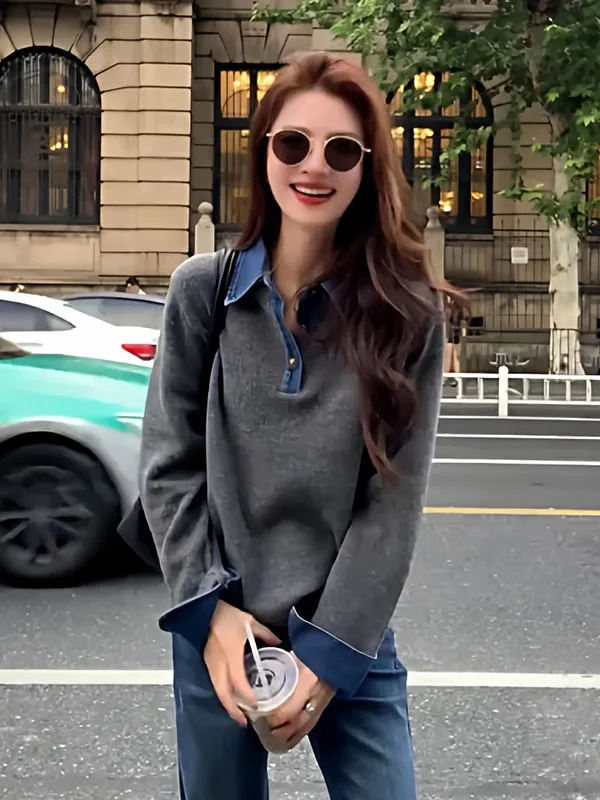 plus Size Design Sense Denim Patchwork Grey Knitwear Women's Autumn New Style Slimming Top Casual Style Long Sleeve Crew Neck