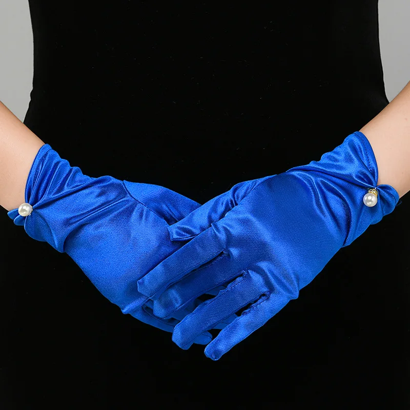 Weiße Satin-Handschuhe für Hochzeitskleider, kurze, elegante Blütenblatt-Perlen-Schleifen-Netz-Handschuhe, vielseitiges Fotozubehör, Perlen-Retro – Detail 11