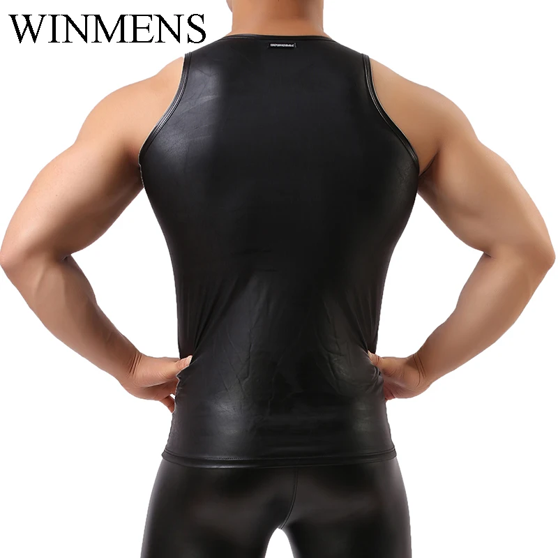 Black Imitation Leather Men's Sleeveless Shirts Male Stage Performance Sexy O-neck Tank Tops Fitness Bodybuilding Singlet