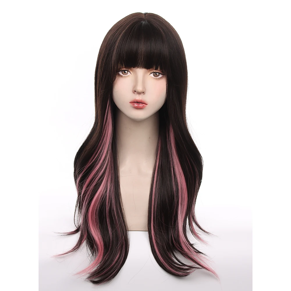 باروكة صناعية طويلة مموجة باللونين الأسود والوردي للنساء، تصميم مقاوم للحرارة، مثالية للحفلات التنكرية والارتداء اليومي