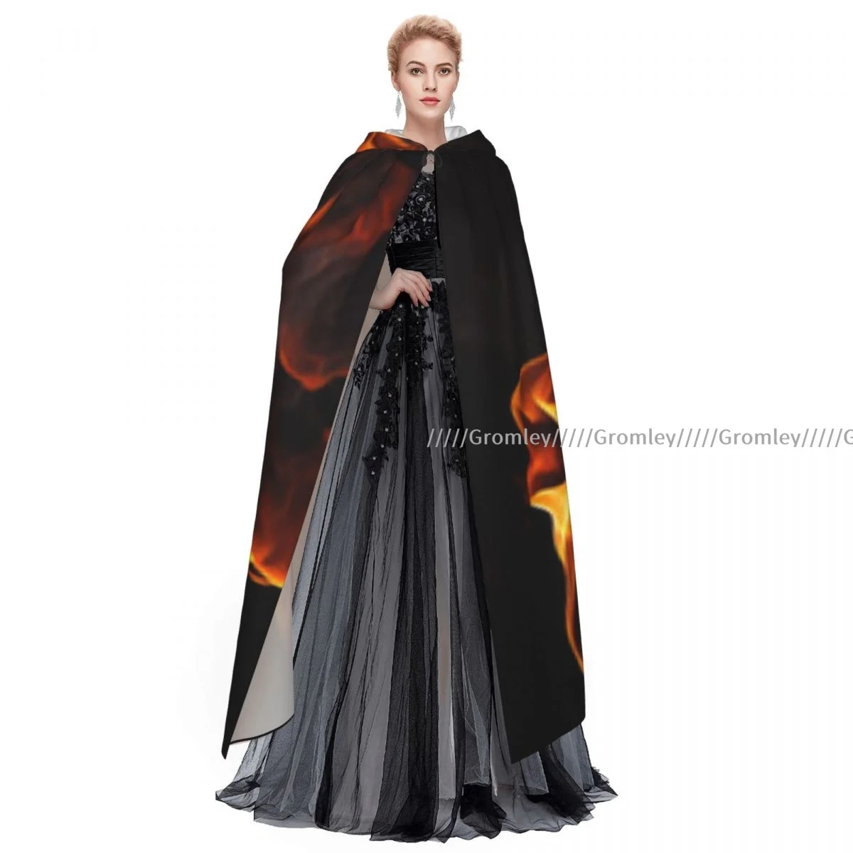 Medieval Halloween Cosplay Cloak Hooded Coat Fire Flame Print Cape Coat Long Trench Costume Wizard Cloak