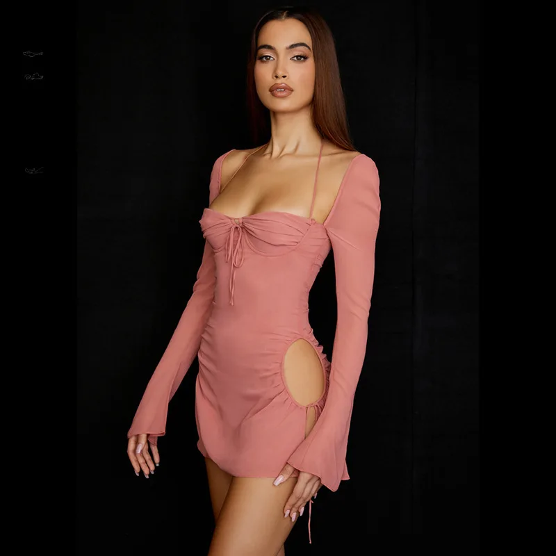 BoozRey Sexy Chiffon Hollow Mesh Mini Dress for Women Low Cut Halter Solid Long Sleeve Pink Dress Girl Club Party Bodycon Dress