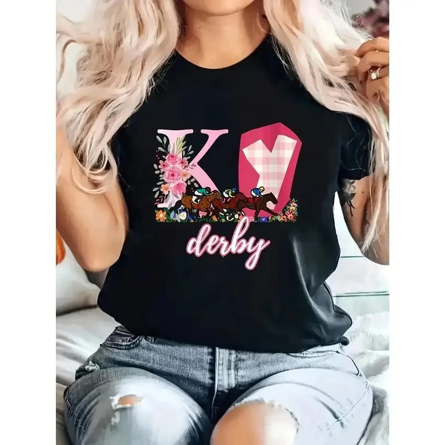Camiseta de Carreras de Caballos Wo'S Derby, Diseño de Carreras Rosa y Negro con Logotipo K-DERBY, Elástica/Elastano, Cuello Redondo Informal, Manga Corta
