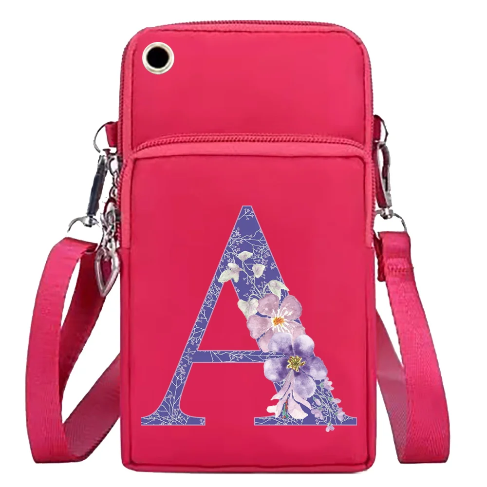 Mobile Phone Bag Wallets Women Crossbody Bags Wrist Pack Purple Flower Print Handbag for Apple/Huawei Cell Phone Storage Packet