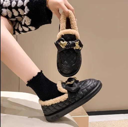 Cover Toe Shoes Woman 2024 Flock Loafers Low Slippers Flat Winter Footwear Pantofle Fur Flip Flops New Plush Rubber Rome Retro w