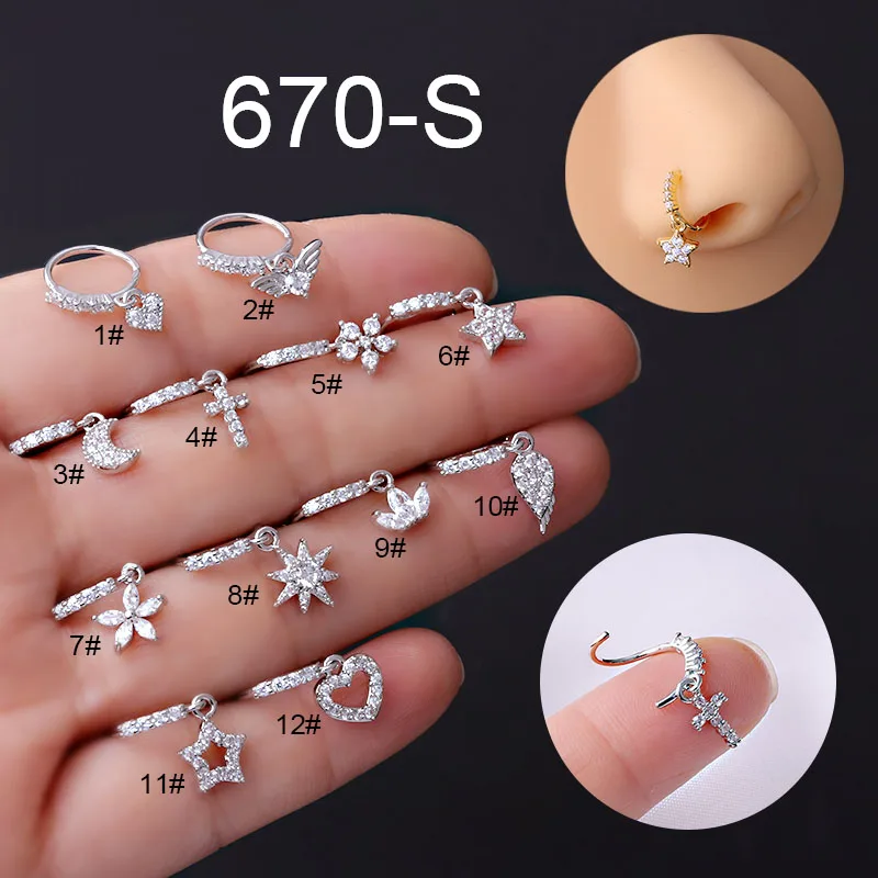 New 1Pcs 316L Surgical Stainless Steel Heart Crown Flower Dangle CZ Nose Studs Indian Screw Nose Rings Nose Piercing Jewelry