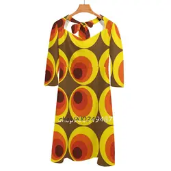 70S , 80S Funky Vintage Circle Pattern Flare Dress Square Neck Dress Elegant Female Fashion Printed Dress Retro 70S Vintage