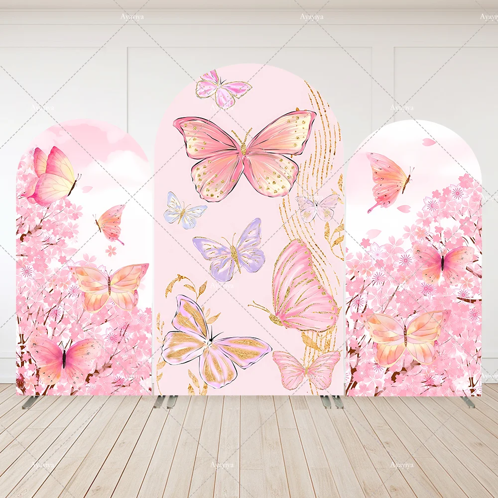 

Princess Butterfly Girls Birthday Arch Backdrop Cover Pink Flowers Newborn Baby Shower Arched Wall Background Photobooth Banner