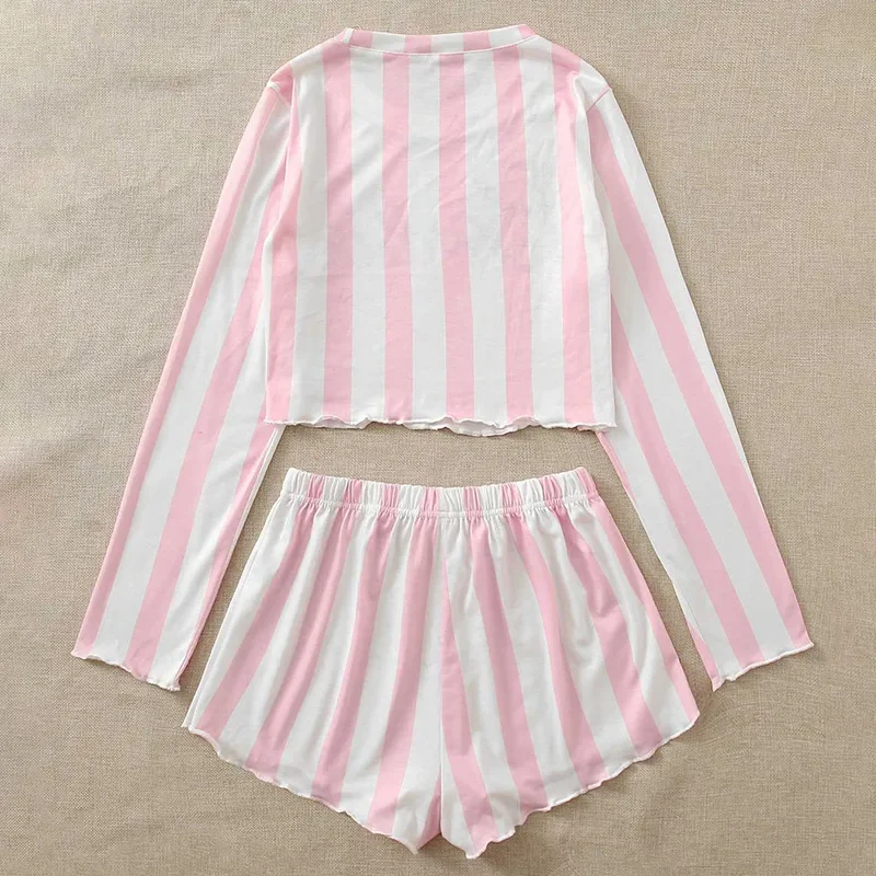 Barbie Pink and White Striped Pajamas Casual Long-sleeved Shorts Women\'s Home Wear Anime Kawaii Two-piece Set Girl Gifts