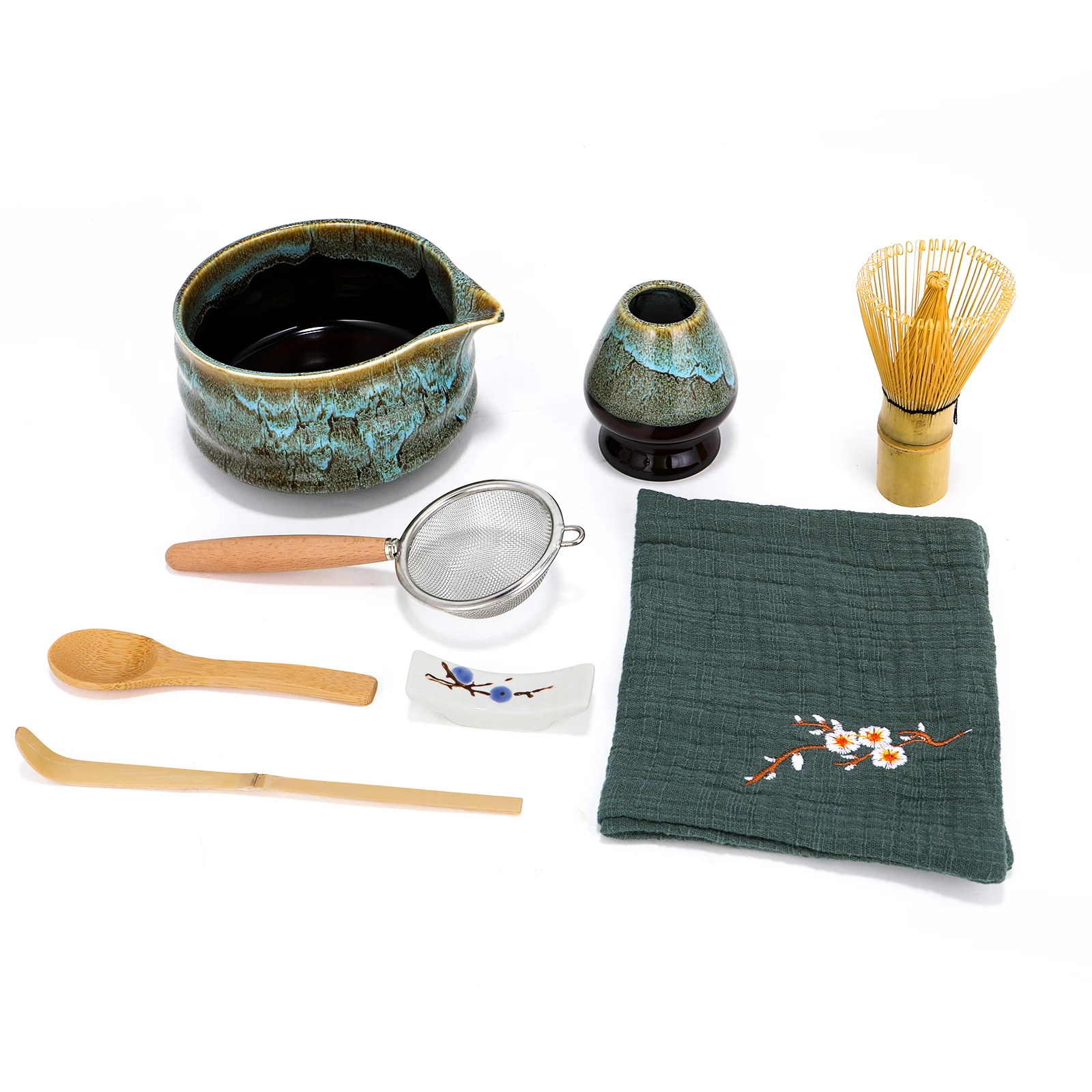 

8pcs Japanese matcha tool set, featuring a kiln-fired glazed ceramic matcha bowl and a bamboo whisk