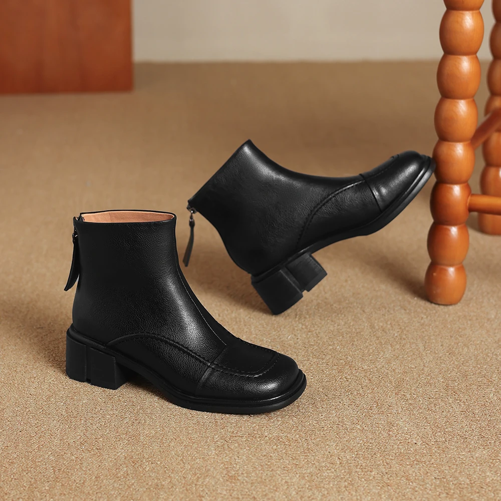 Aucegi النمط الكلاسيكي جلد طبيعي شتاء دافئ الثلوج حذاء من الجلد النساء ساحة تو سميكة عالية الكعب عودة سستة ركاب الأحذية #3