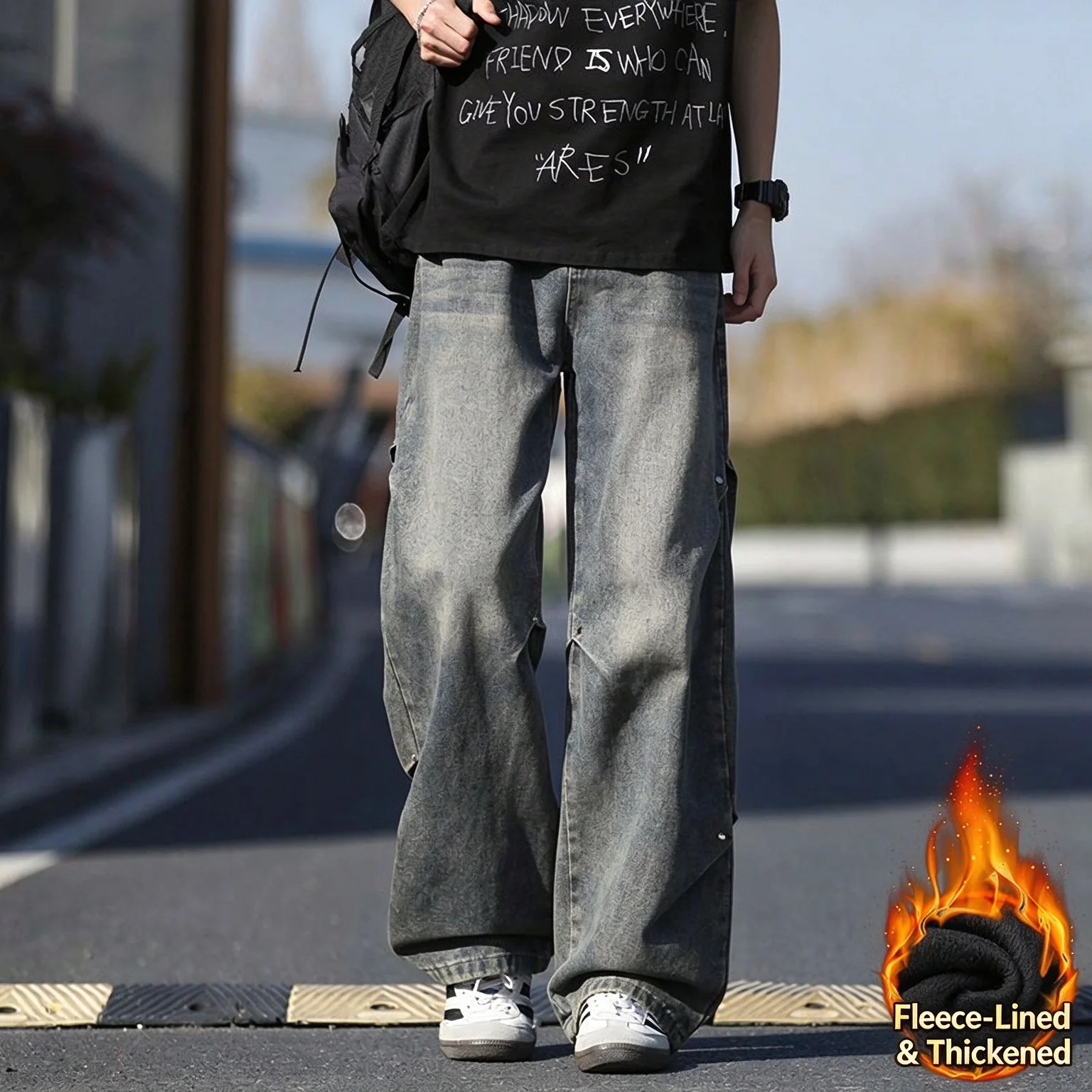 Autumn Winter Fleece Thickened Men Jeans, High Street Straight Wide Leg Trendy Versatile Denim Long Pants
