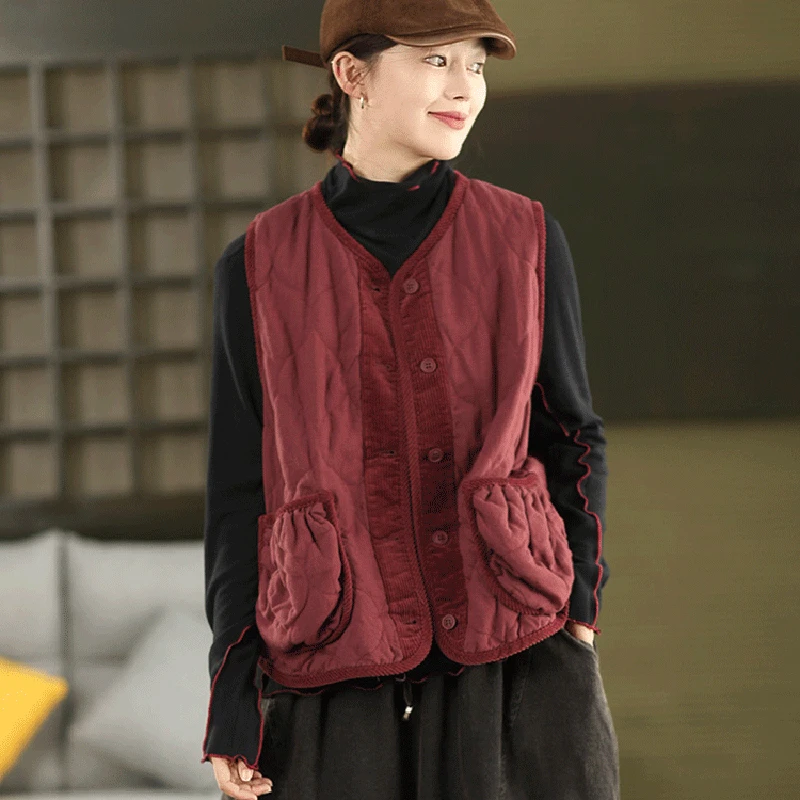 

Women Cotton Linen Vest Coats New 2025 Autumn Vintage Style V-neck Double Pockets Female Thick Warm Sleeveless Jackets M2091