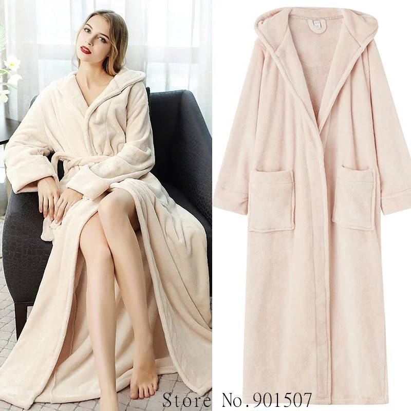 Winter Bathrobe Long Sleeve Warm Flannel Kimono Robes Women Shower Robe Hooded Nightwear Couple Coral Fleece Dressing Gown