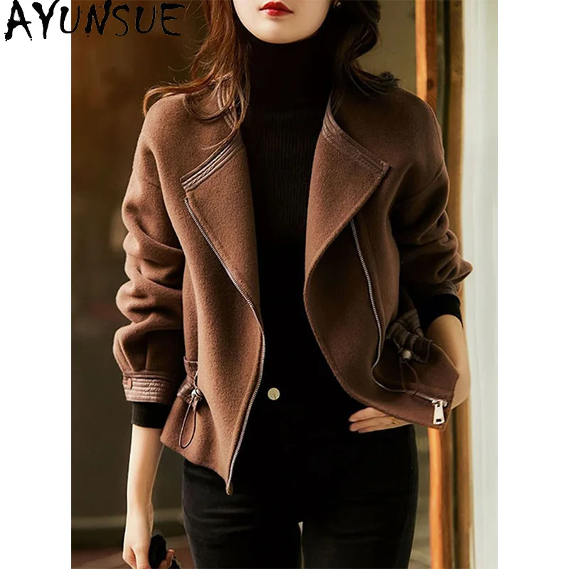 AYUNSUE Women's 75% Wool Coat Motorcycle Style Short Jackets Solid Warm Outerwear Casual Woman Clothes Spring Autumn Ropa Mujer