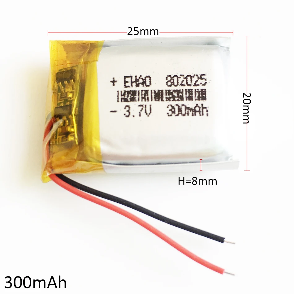 3.7V 300mAh 802025 Lithium Polymer Li-Po Rechargeable Battery power cells For Mp3 bluetooth GPS DVD Camera smart band headphone