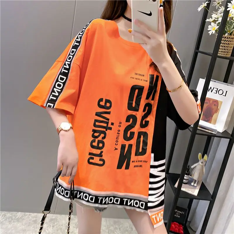 2024 Summer Korean Version Medium Length Round Neck Irregular Color Blocking Fashion Letter Print Loose Casual Oversize T-shirt