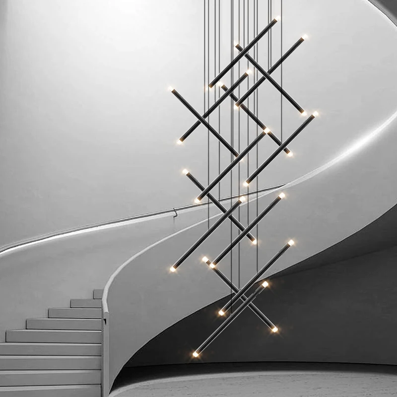 Suspension LED cylindrique pour escalier, lampe de salon design, lustre de grenier moderne, longue suspension pour hall d'hôtel